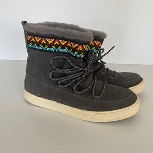 Toms Alpine Aztec Suede Fur Lined Boots Lace‎ Up Gray Women Size 10